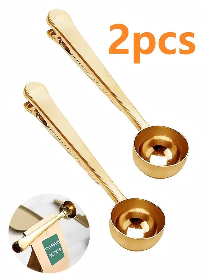 2PCS Coffee Scoop Clip Stainless Steel Tablespoon Coffee Spoon With long handle Multifunction Sealing Bag Clip For Tea, Coffee, Protein Powder, Instant Drinks, Kitchen Tools（gold） - Image 1